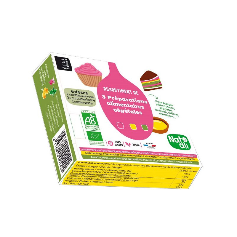 Etui de 3 colorants alimentaires poudre rose, jaune, vert, 3 sachets de 2 doses