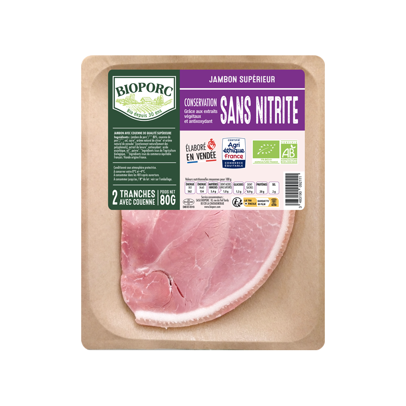 Jambon supérieur avec couenne conservation sans nitrite x2 80g