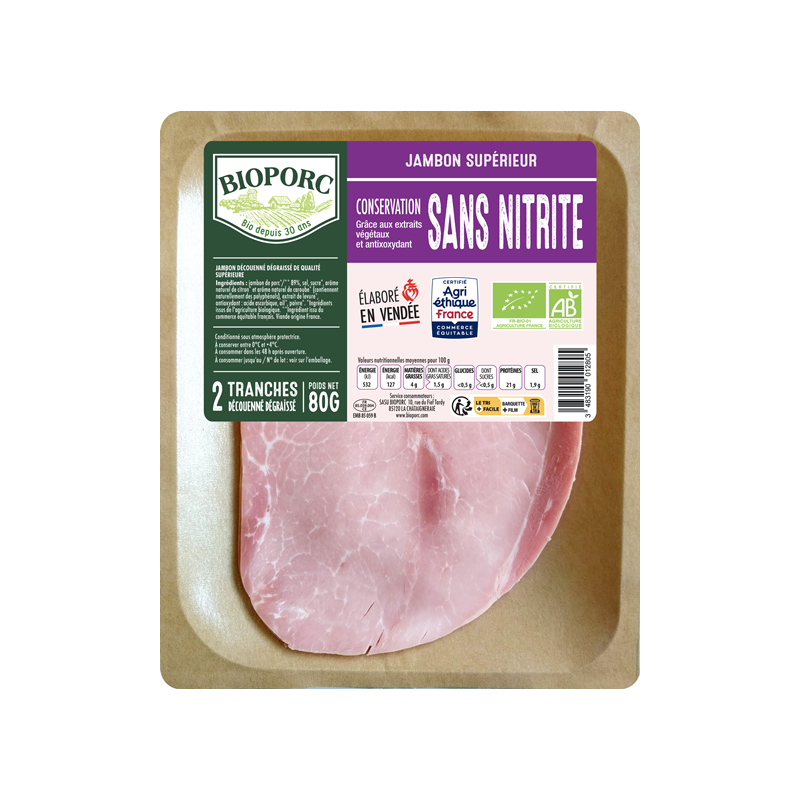 Jambon supérieur découénné-dégraissé, conservation sans nitrite, x2 80g