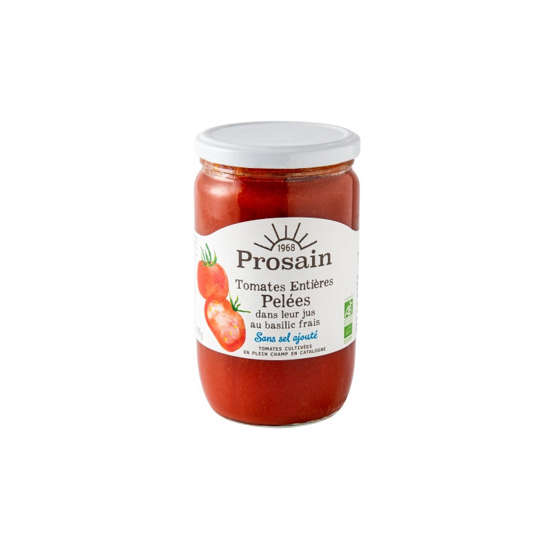 Tomates entières pelées (sans sel ajouté), jus au basilic frais 390g (PNE)