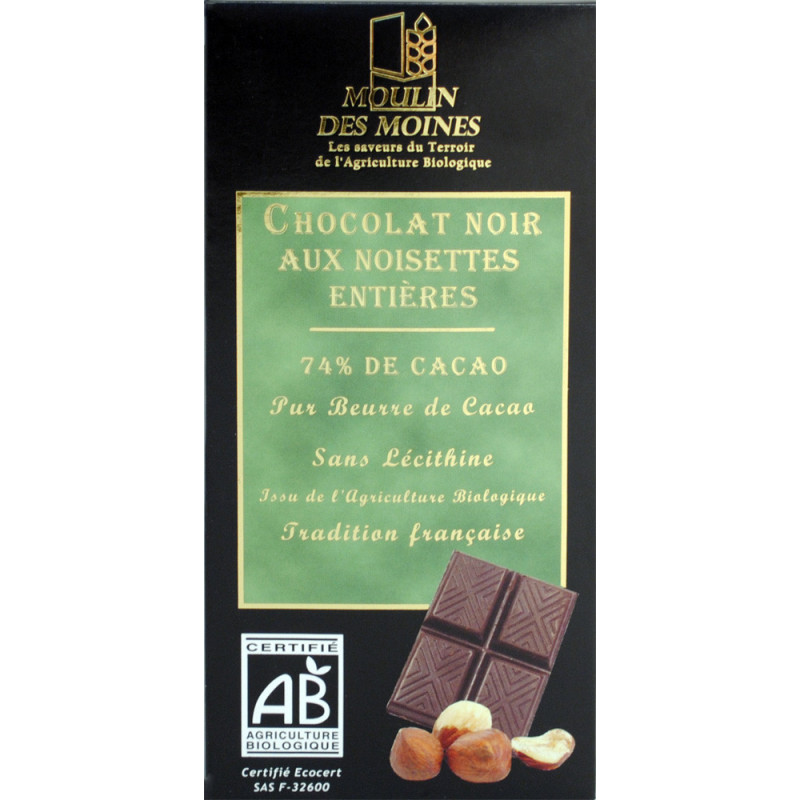 Chocolat noir et noisettes entières 74% de cacao 100g