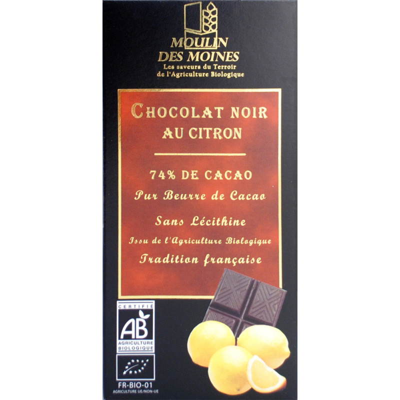 Chocolat noir au citron 74% de cacao 100g