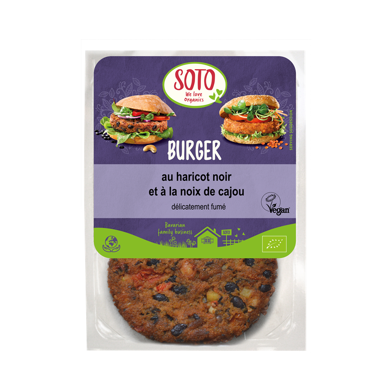 Burger au haricot noir et à la noix de cajou, délicatement fumé, végan, 2x80g