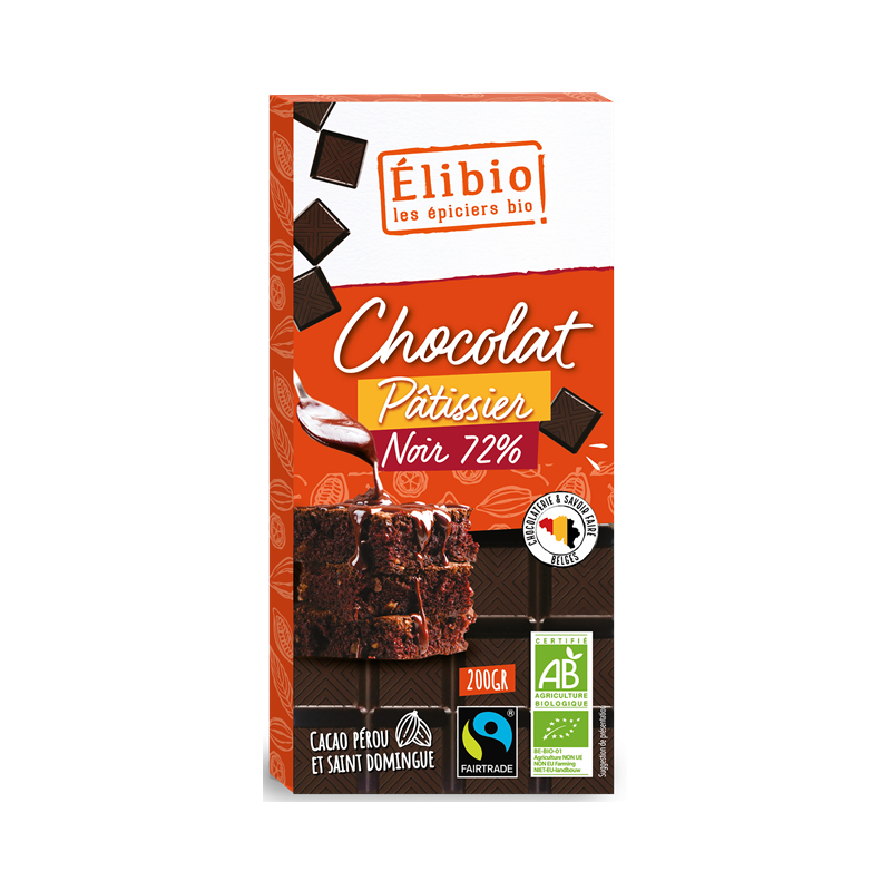 Tablette chocolat noir dessert 72%, commerce équitable, 200g