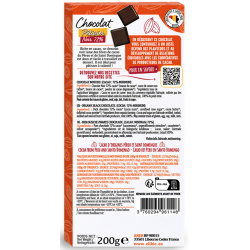 Tablette chocolat noir dessert 72%, commerce équitable, 200g