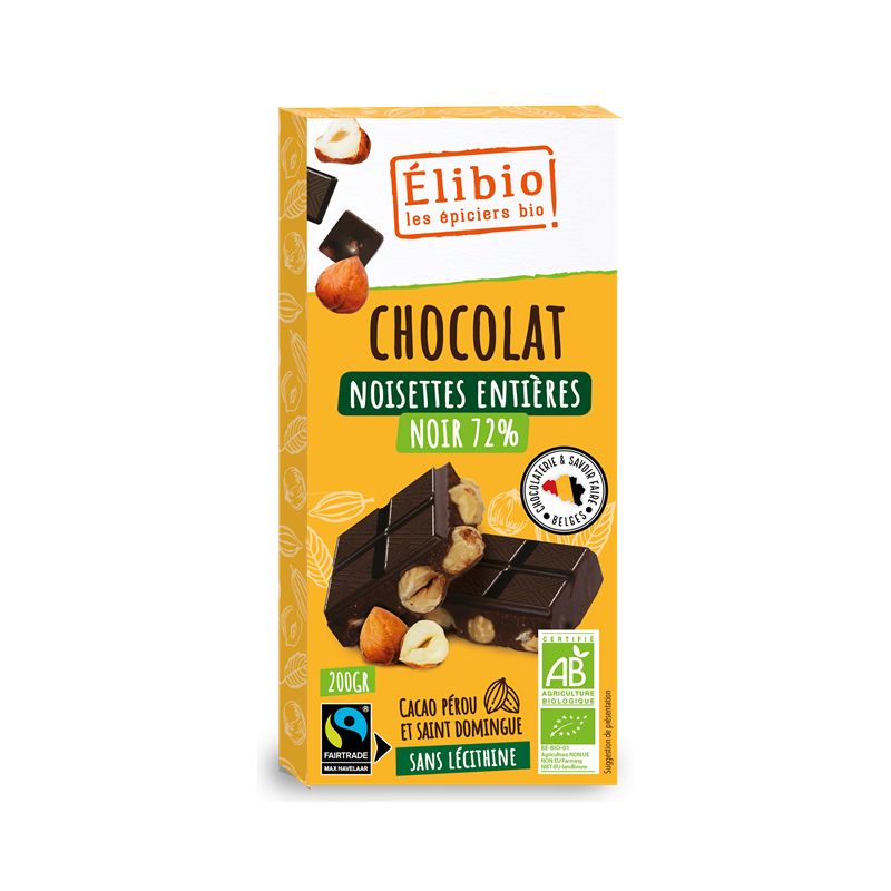 Tablette chocolat noir 72% aux noisettes entières toastées, comm.équit, 200g