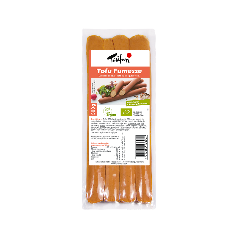 Tofu fumesse x4, saucisses de soja à déguster chaudes ou froides, 300g