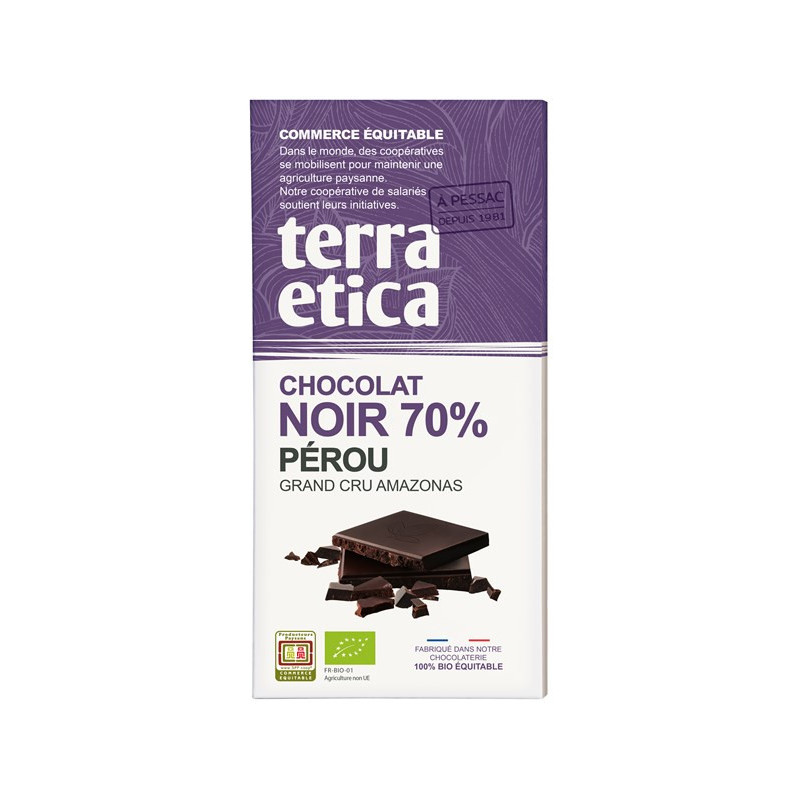 Tablette chocolat noir 70% de cacao Pérou 100g