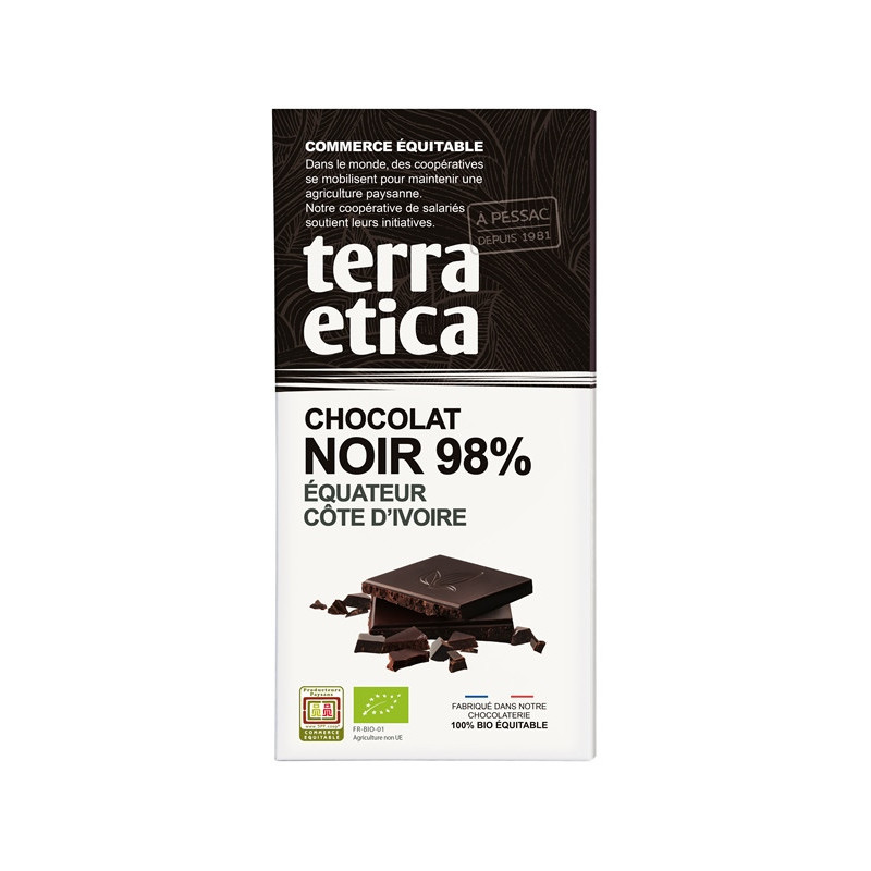 Tablette chocolat noir 98% de cacao Equateur-Côte dIvoire 100g