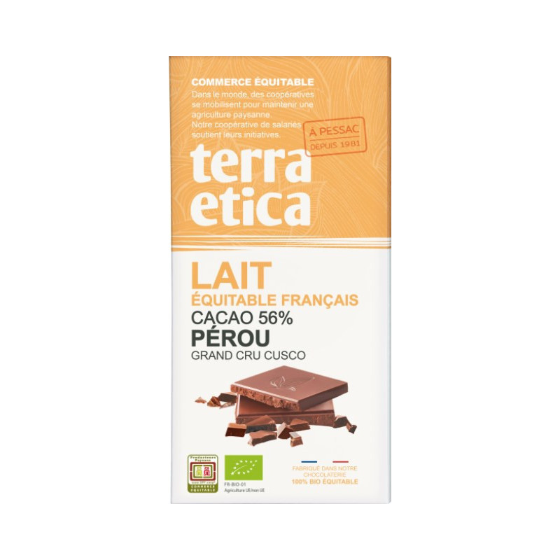 Tablette chocolat lait 56% de cacao Pérou 100g