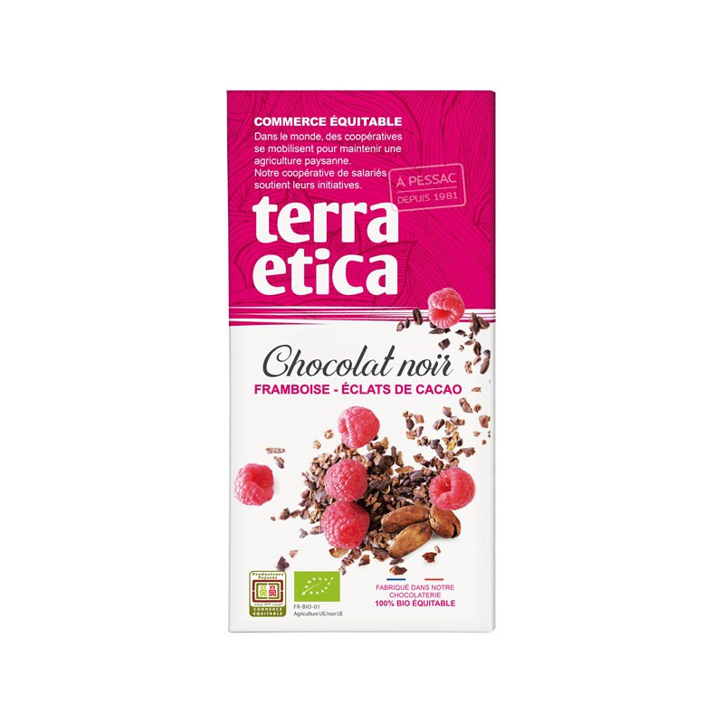 Tablette chocolat noir framboise - éclats de cacao 100g