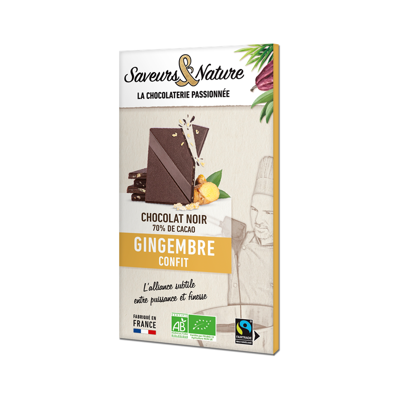 Chocolat noir 70% de cacao au gingembre confit 80g