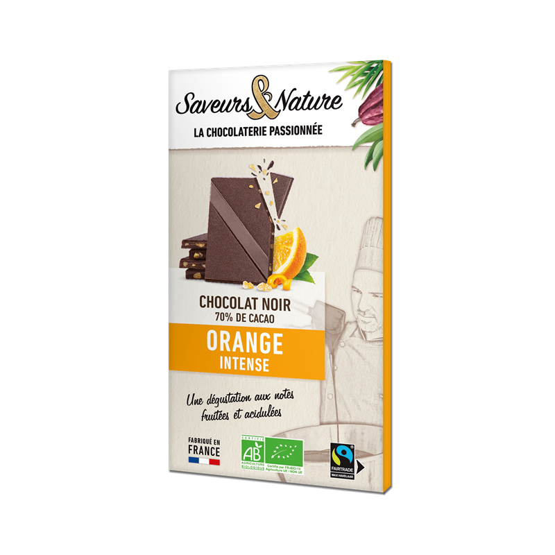 Chocolat noir 70% de cacao aux écorces d'oranges 80g