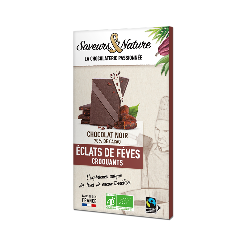 Chocolat noir 70% de cacao aux éclats de fèves 80g