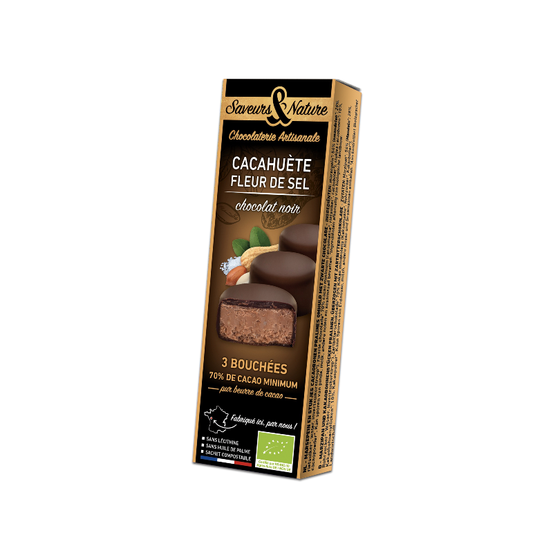 Bouchées cacahuètes & Fleur de sel enrobées de chocolat noir 3x15g