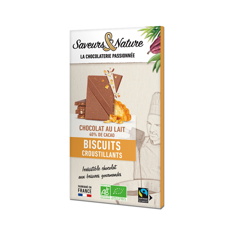 Tablette de chocolat au lait 40% de cacao min aux éclats de biscuit 80g