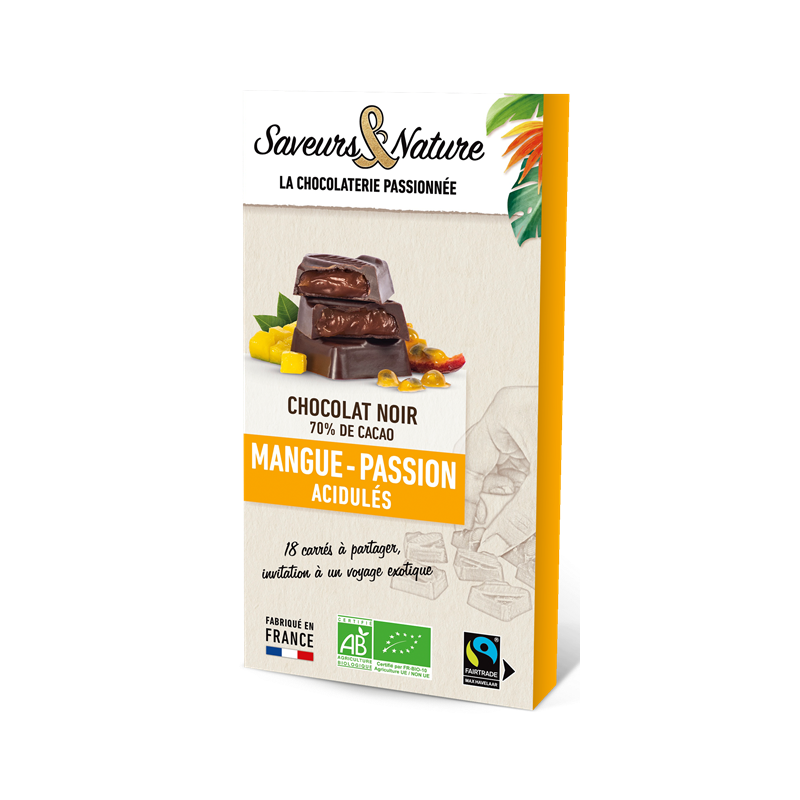 Carrés fourrés mangue-passion enrobés de chocolat noir x18, 80g