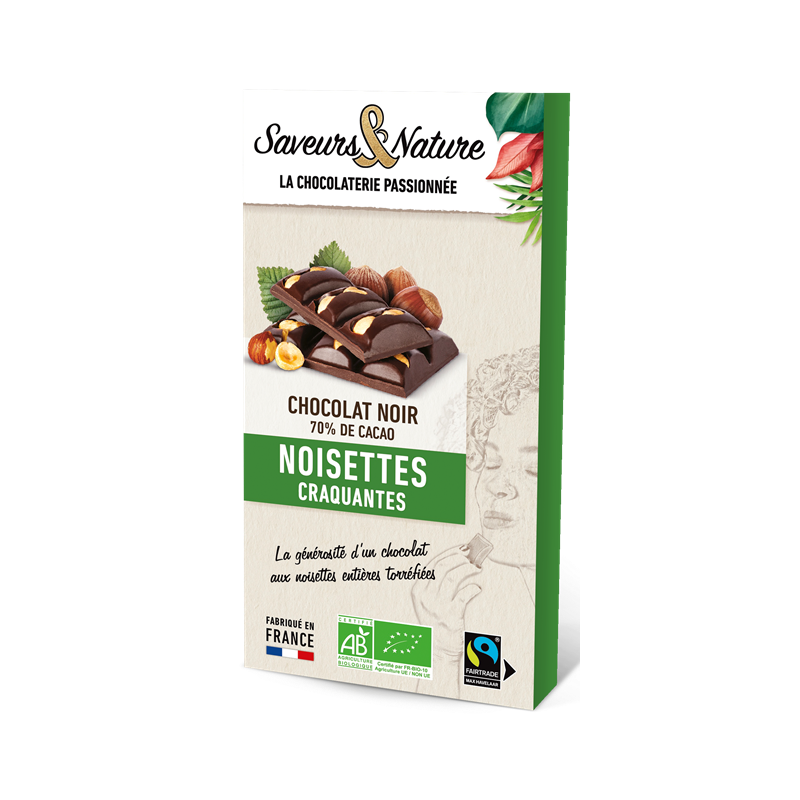 Chocolat noir 70% de cacao, noisettes entières 100g