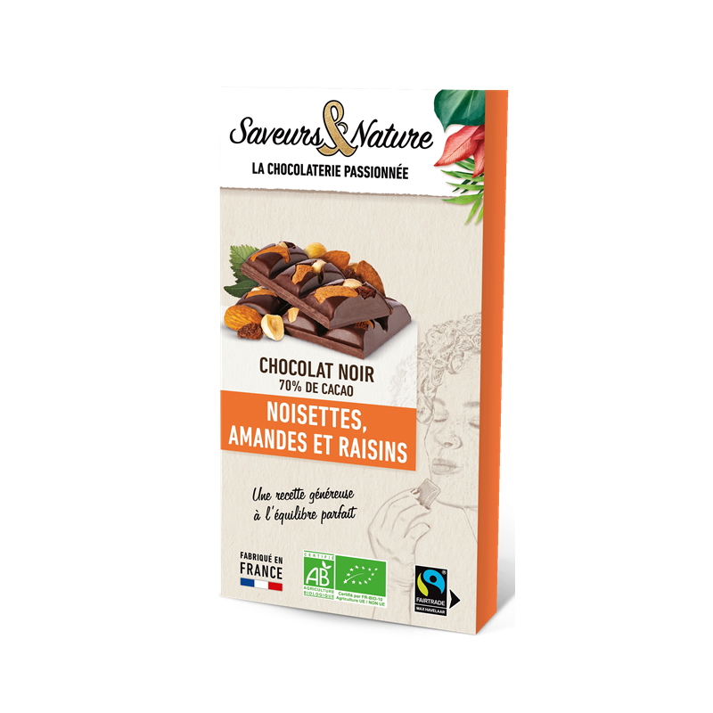 Chocolat noir 70% de cacao (amandes, noisettes et raisins secs) 100g