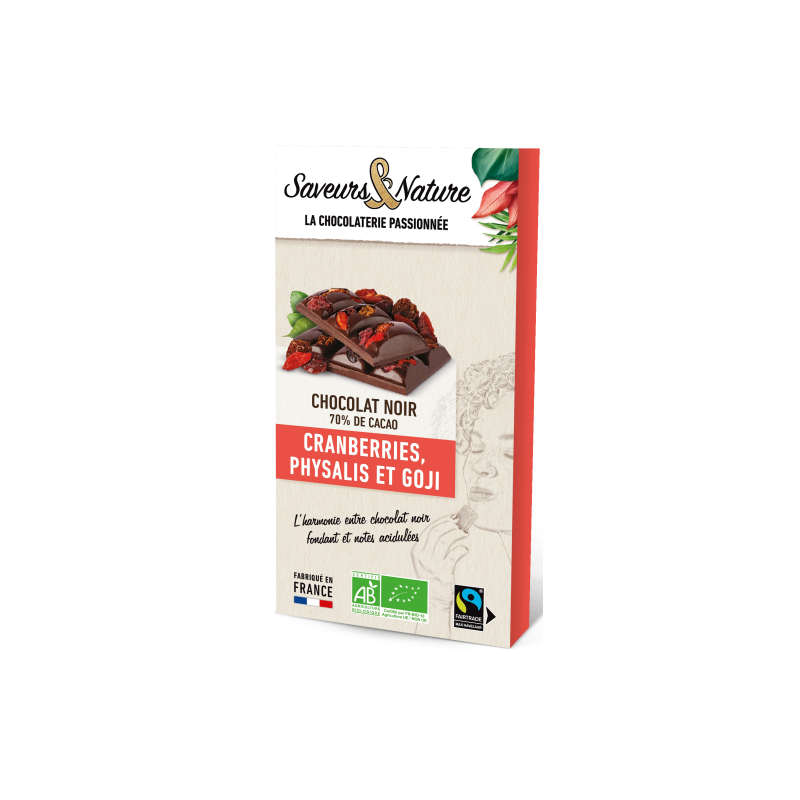 Chocolat noir 70% de cacao (cranberry, physalis, baies de goji) 100g