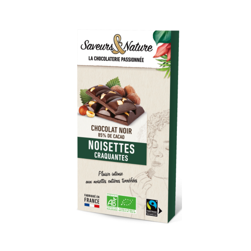 Chocolat noir 85% de cacao, noisettes entières 100g