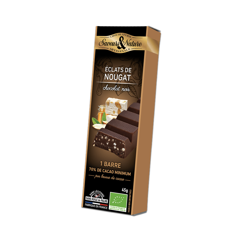 Barre de chocolat noir 70% de cacao au nougat de Montélimar 45g