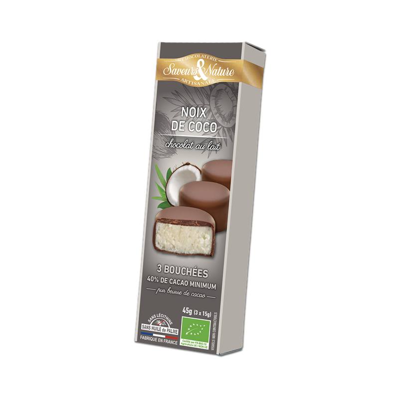 Bouchées de noix de coco enrobées de chocolat lait 3x15g