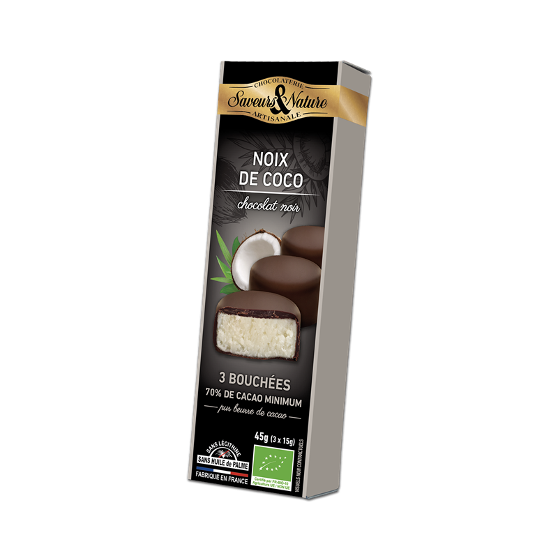 Bouchées de noix de coco enrobées de chocolat noir 70% de cacao 3x15g