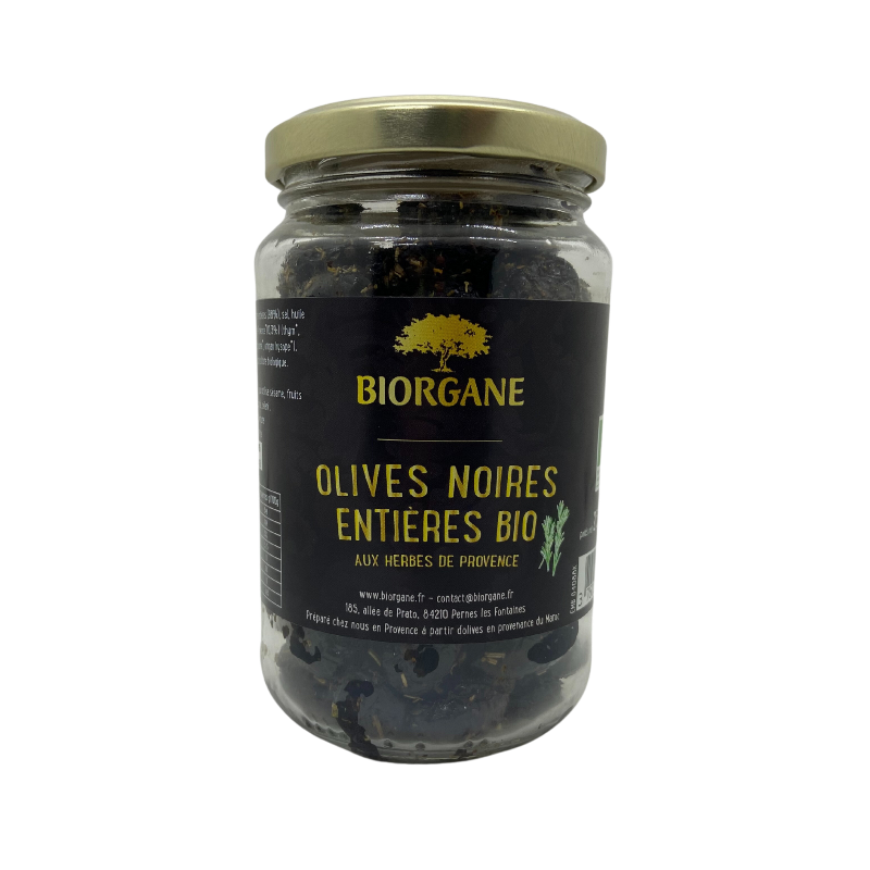 Olives noires entières aux herbes de Provence en bocal, 230g