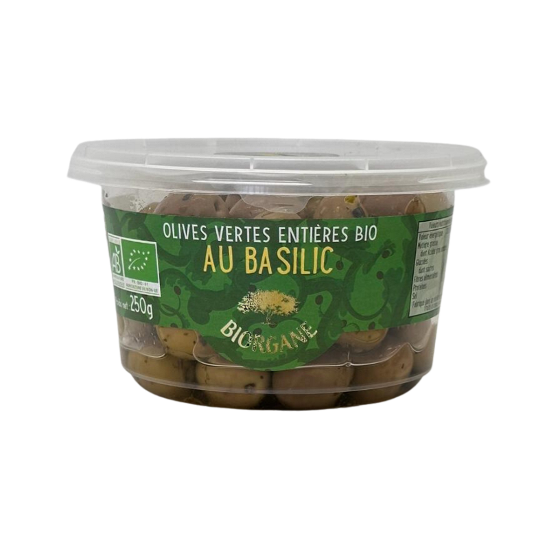 Olives vertes entières au basilic en pot, 250g