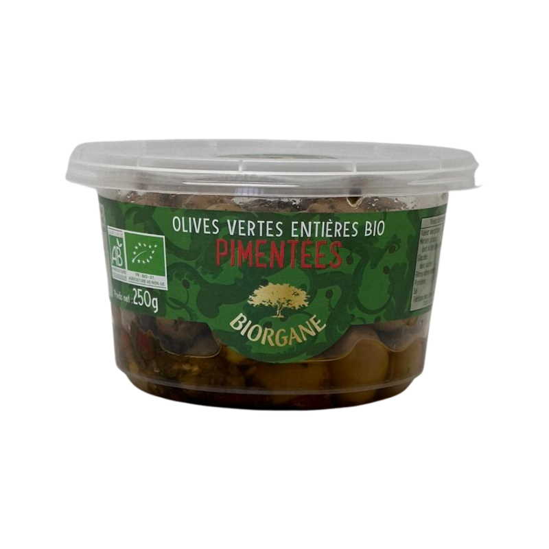 Olives vertes entières pimentées en pot, 250g