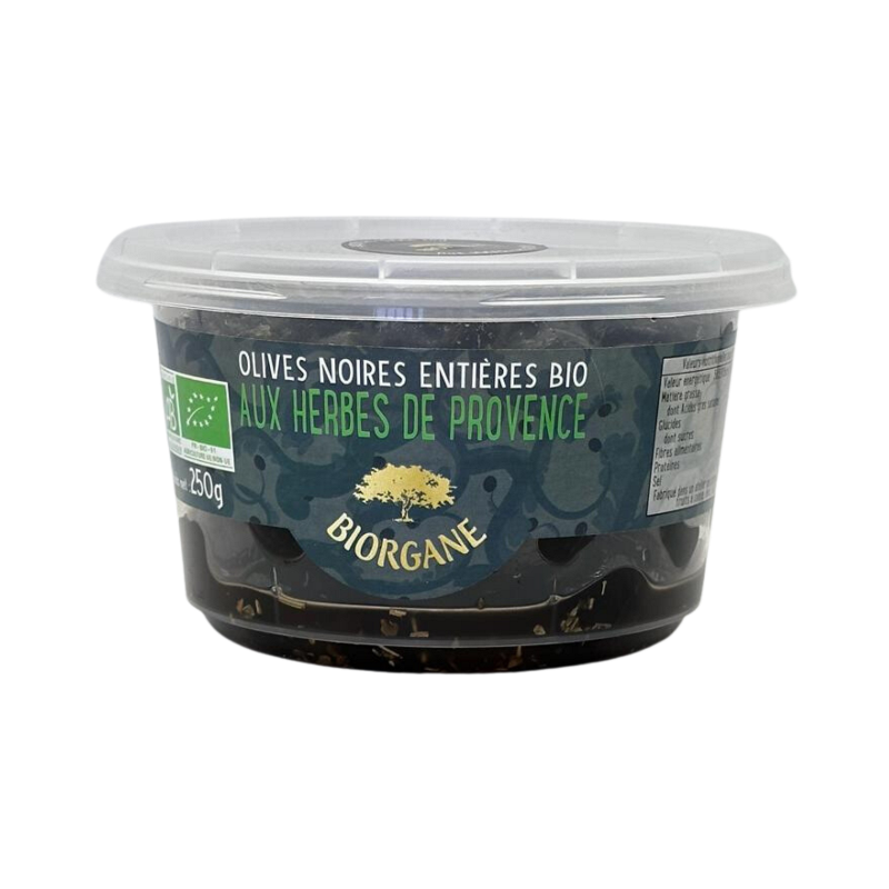 Olives noires entières aux herbes de Provence en pot, 250g