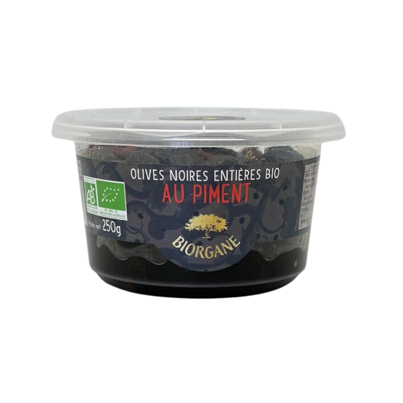 Olives noires entières pimentées en pot, 250g