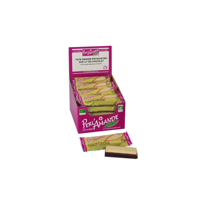 Pâte amande pistache sur lit de chocolat 25g