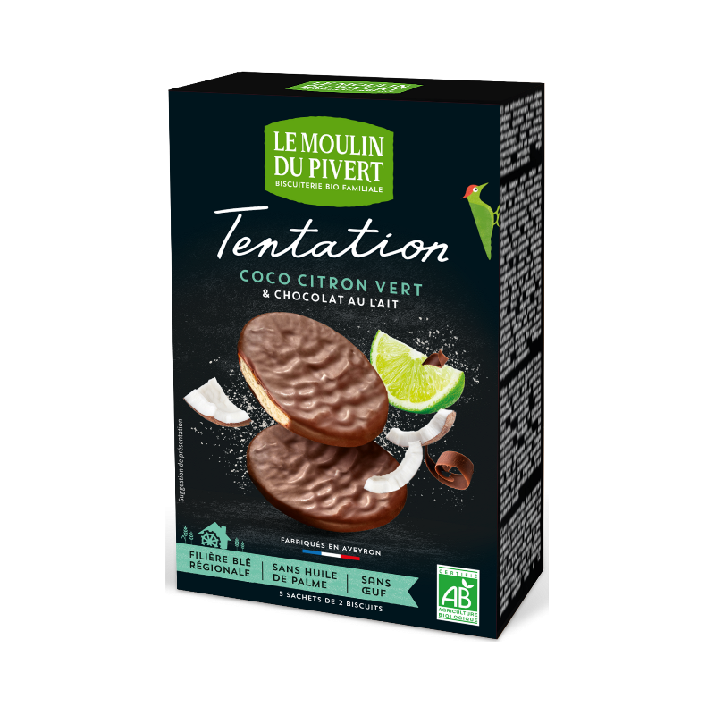 Tentation biscuit à la coco et au citron vert enrobé de chocolat lait 110g