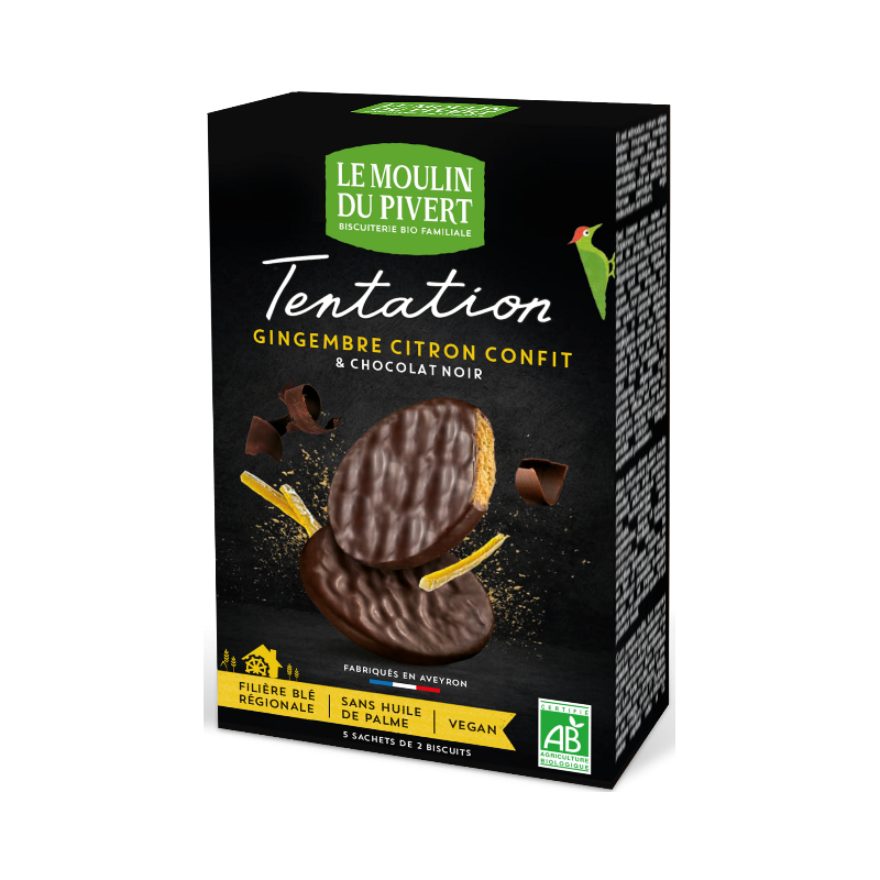 Tentation biscuit au gingembre enrobé de chocolat noir 130g, végan