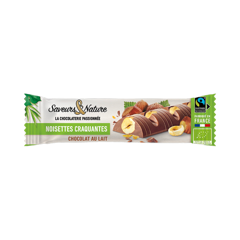 Barre chocolat lait incrustée noisette 30g