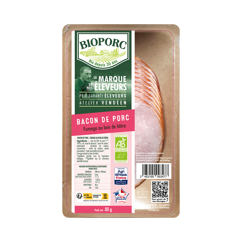 Bacon de porc fumé au bois de hêtre (barquette carton) x10, 80g