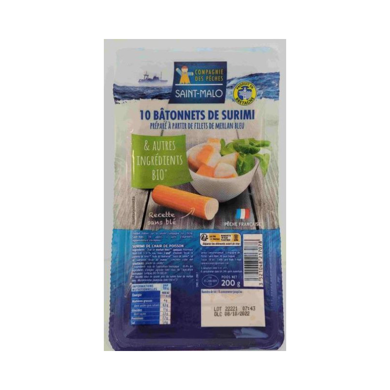 Surimi bâtonnets x10, à base de filets de merlan bleu, 200g