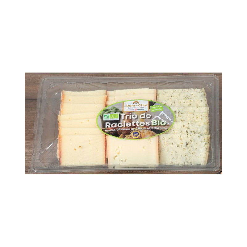 Raclette 3 saveurs (nature, fumée, ail des ours) lait cru tranchée 400g