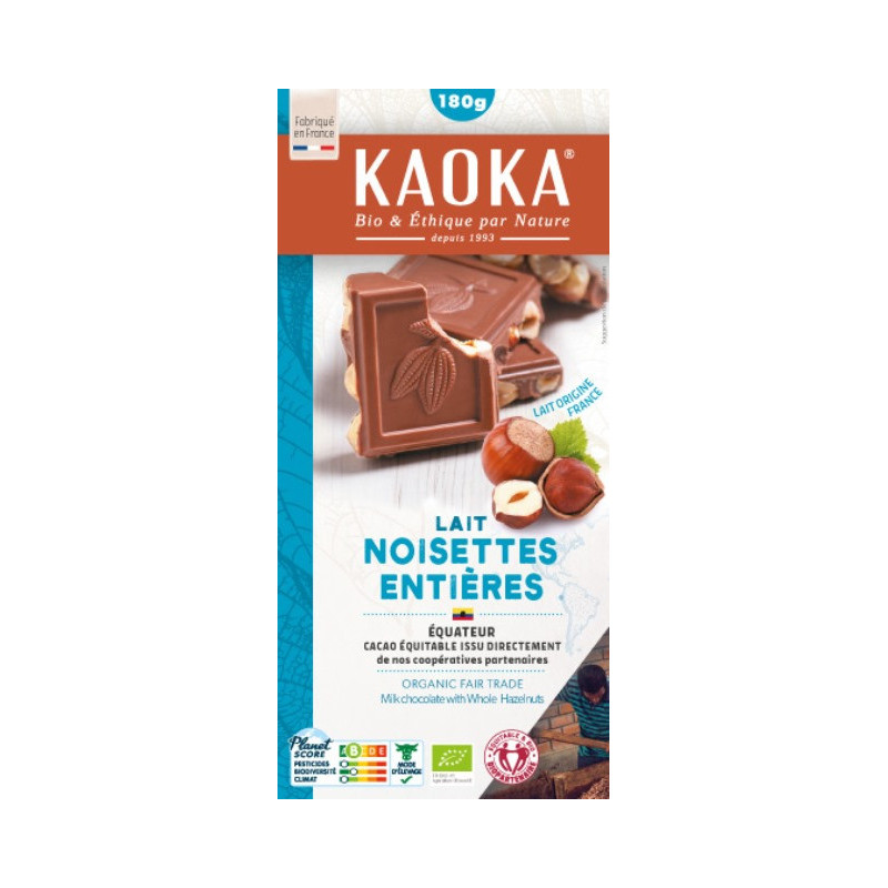 Chocolat lait noisettes entières 180g