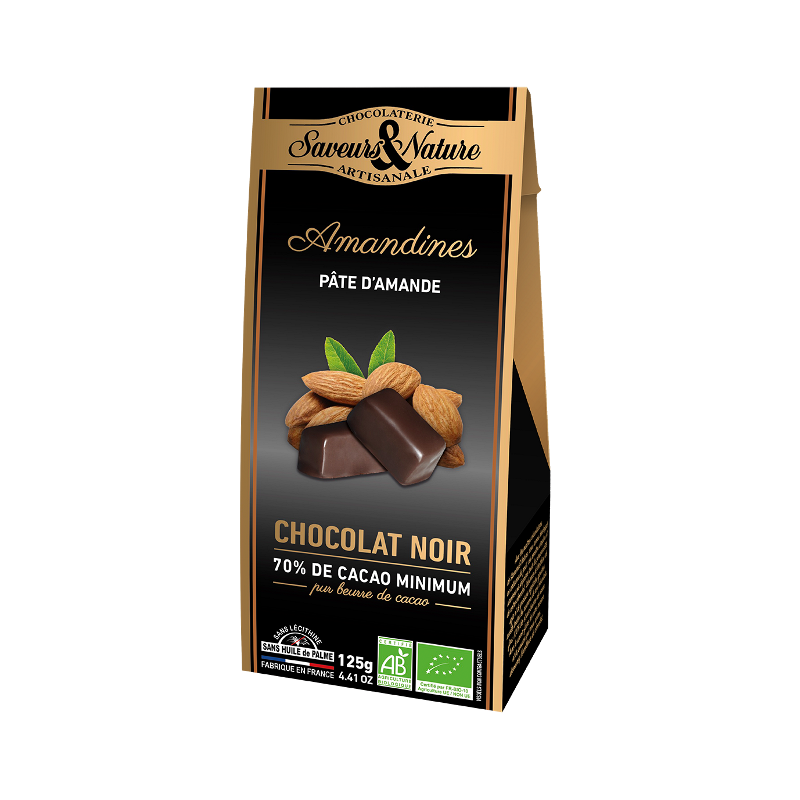 Amandines" pâte d'amande enrobée de chocolat noir 125g"