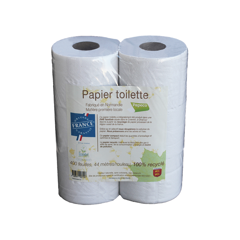 Papier toilette blanc 100% recyclé 400 f. sachet de 6 rouleaux, Ecolabel, France