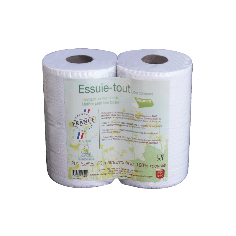 Essuie-tout blanc 100% recyclé 200 f. sachet de 2 rouleaux, Ecolabel, France