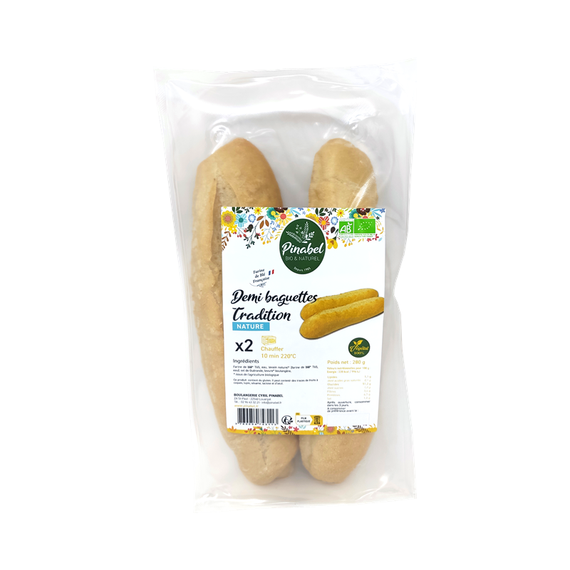 Demi-baguettes nature 2 x 140g (au levain naturel et levure de boulangerie)