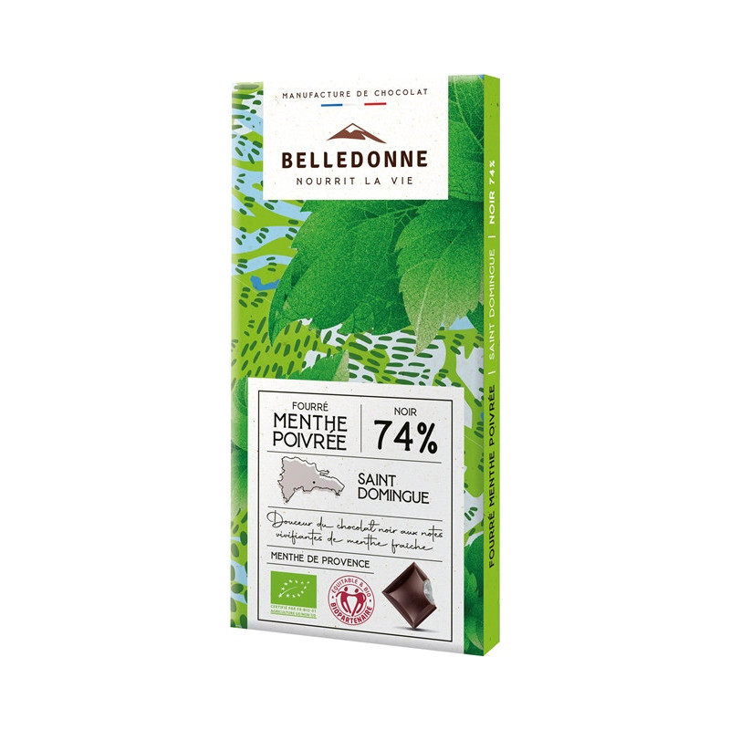 Tablette noir 74%  fourrée menthe poivrée 80g