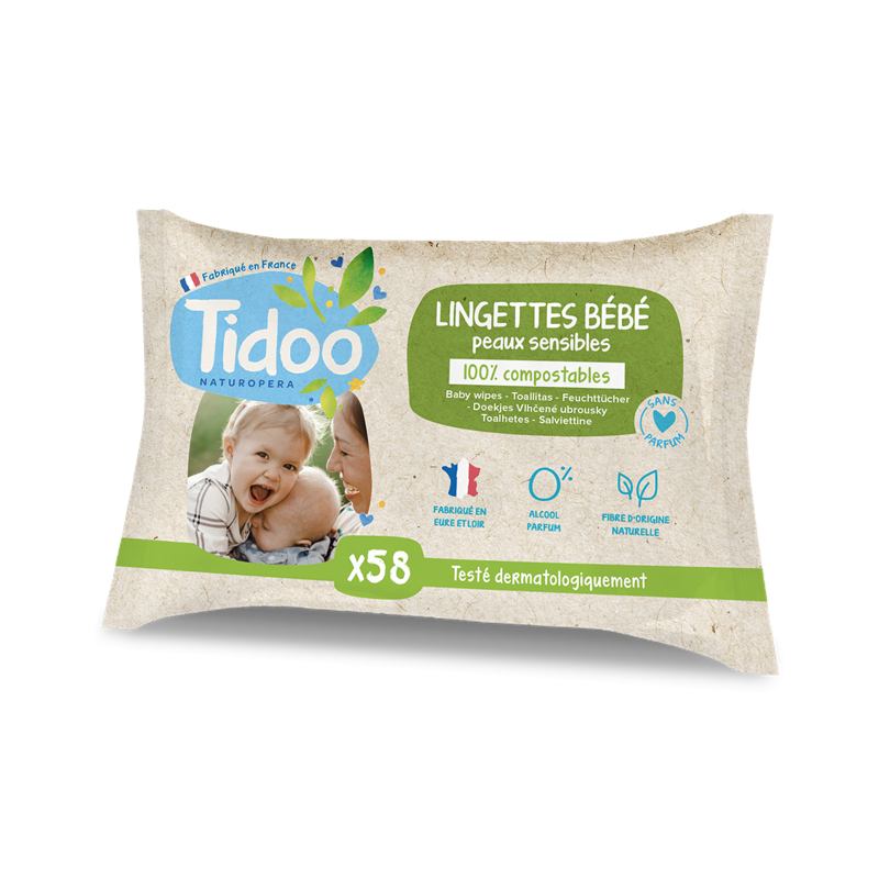 Lingettes bébé sans parfum au calendula, fibres compostables x 58 unités