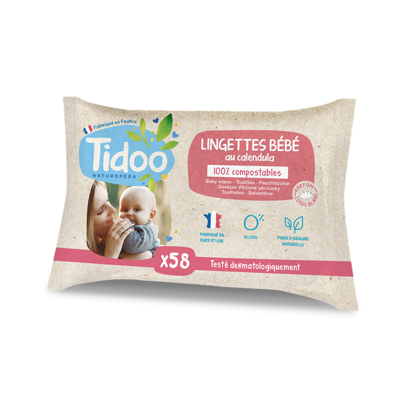 Lingettes bébé parfumées au calendula, fibres compostables x 58 unités