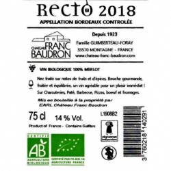 Vin rouge AOC Bordeaux Recto" Château Franc-Baudron  75cl"